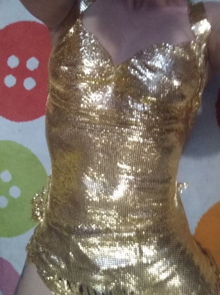 Metallic Gold Chain Link Sexy Low Cut Dress - Picture 1 of 10